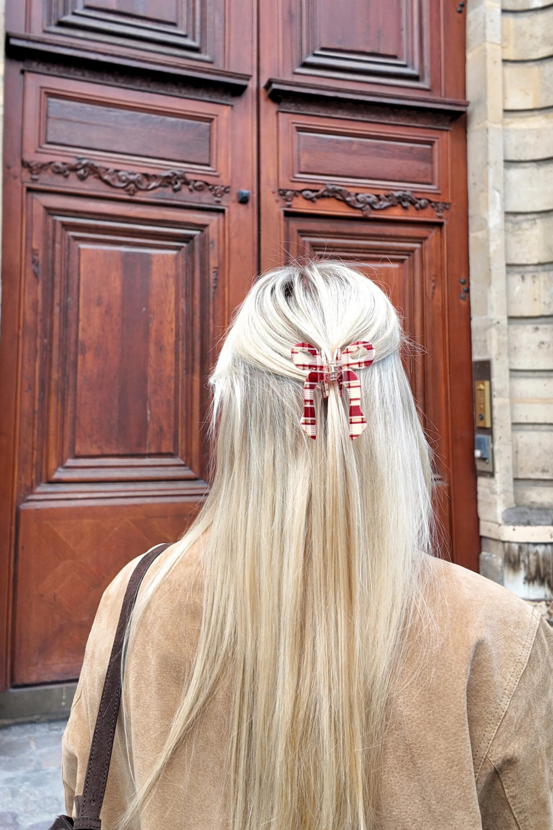 HAND PAINTED RED PLAID BOW HAIR CLIP