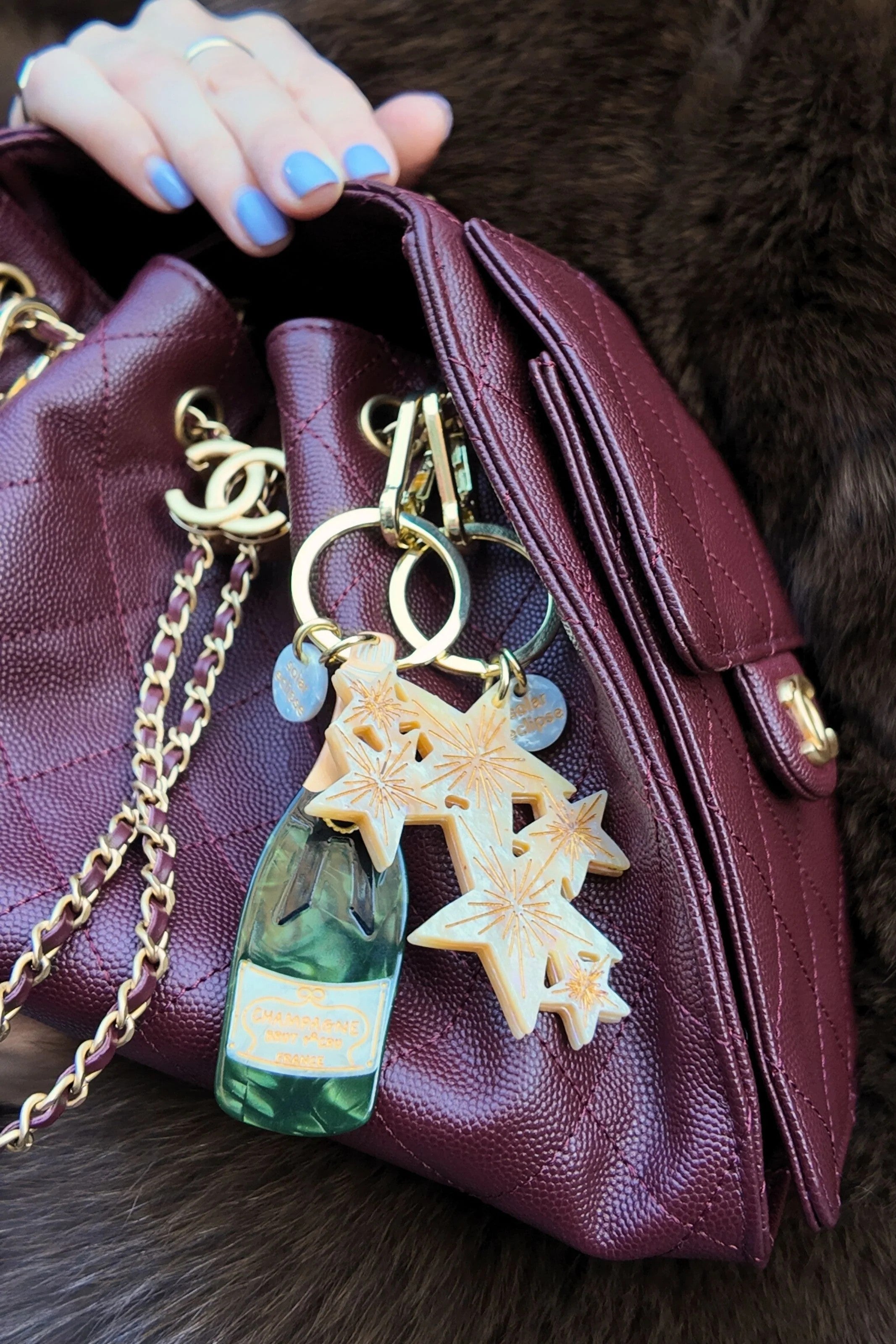 HAND PAINTED CHAMPAGNE BAG CHARM & KEYCHAIN