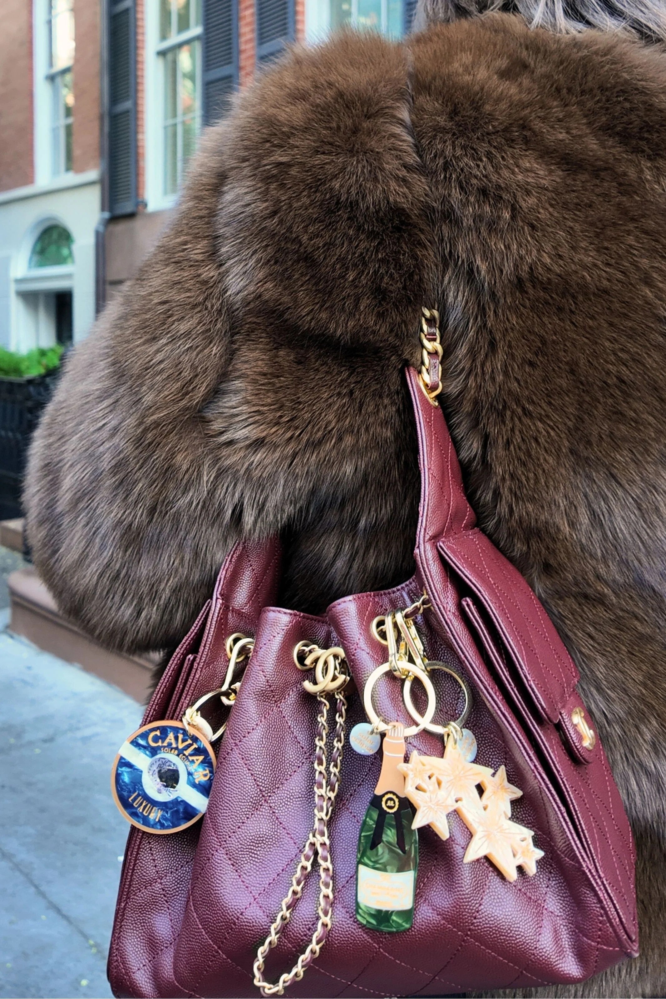 HAND PAINTED CHAMPAGNE BAG CHARM & KEYCHAIN