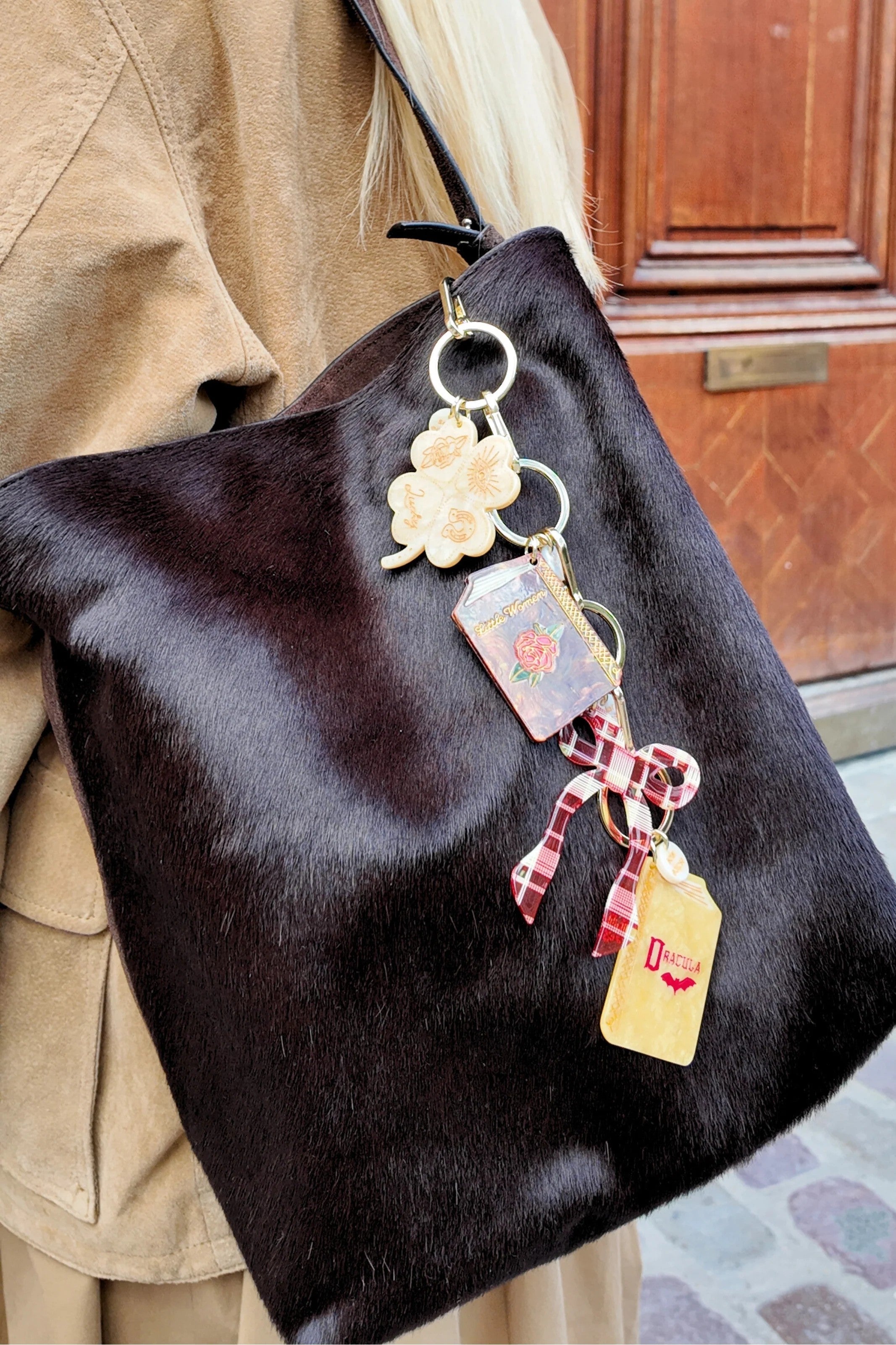 HAND PAINTED RED PLAID BOW BAG CHARM & KEYCHAIN