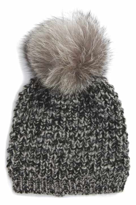 CLASSIC FOX FUR BEANIE- CHARC MARLED/SILVER